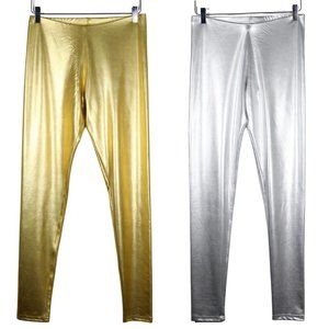 NWT Cheryl Creations Metallic Leggings Set Size L Silver Gold Shiny Disco Skinny